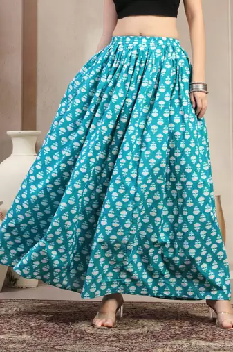 Sky-blue floral printed cotton flared maxi skirt for women