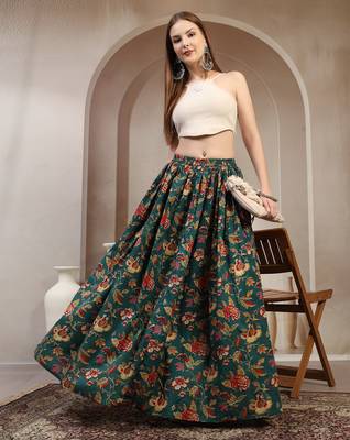 Green floral printed cotton flared maxi skirt for women 1
