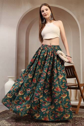 Green floral printed cotton flared maxi skirt for women