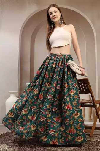Green floral printed cotton flared maxi skirt for women