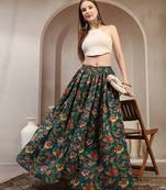 Green floral printed cotton flared maxi skirt for women