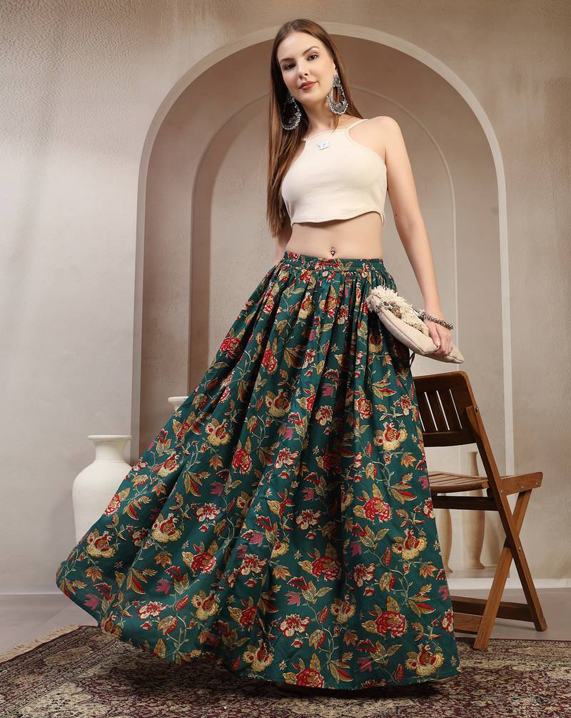 Green floral printed cotton flared maxi skirt for women