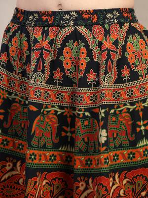 Green floral printed cotton flared maxi skirt for women 4