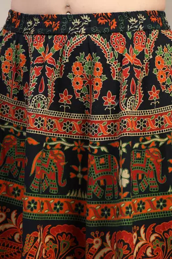 Green floral printed cotton flared maxi skirt for women