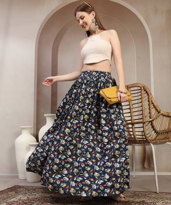 Blue floral printed cotton flared maxi skirt for women 5