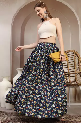 Blue floral printed cotton flared maxi skirt for women