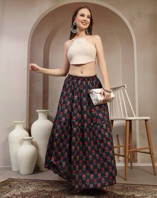 Blue floral printed cotton flared maxi skirt for women 5