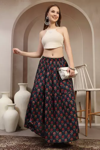 Blue floral printed cotton flared maxi skirt for women