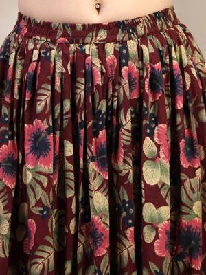Wine floral printed cotton flared maxi skirt for women 4