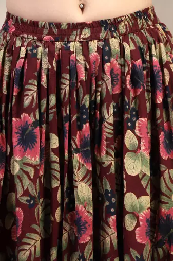 Wine floral printed cotton flared maxi skirt for women