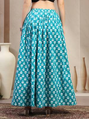 Sky-blue floral printed cotton flared maxi skirt for women 3