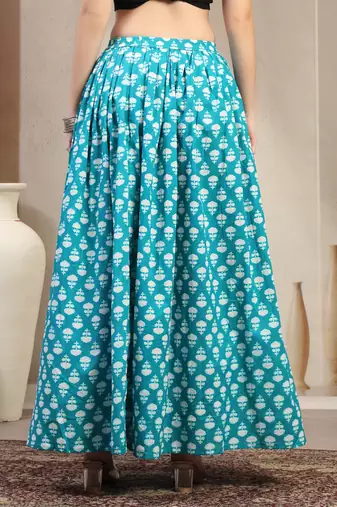 Sky-blue floral printed cotton flared maxi skirt for women