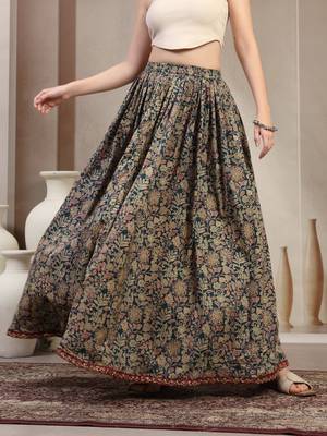 Green floral printed cotton flared maxi skirt for women 2