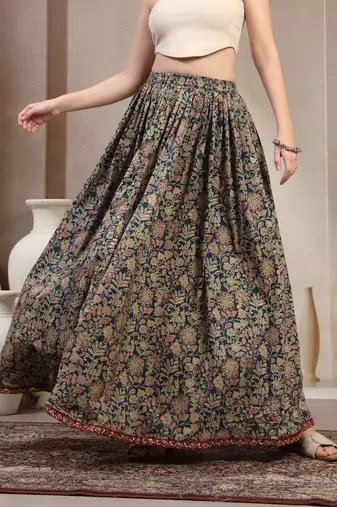 Green floral printed cotton flared maxi skirt for women