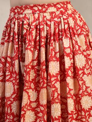 Red floral printed cotton flared maxi skirt for women 4