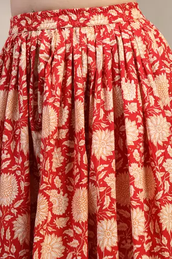 Red floral printed cotton flared maxi skirt for women