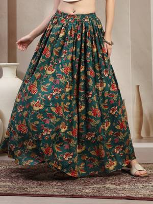 Green floral printed cotton flared maxi skirt for women 2