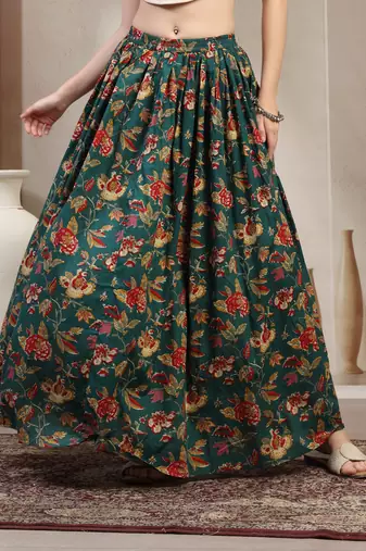 Green floral printed cotton flared maxi skirt for women