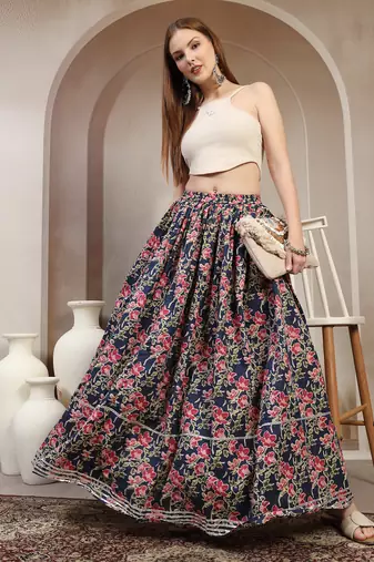 Blue floral printed cotton flared maxi skirt for women