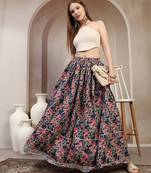 Blue floral printed cotton flared maxi skirt for women