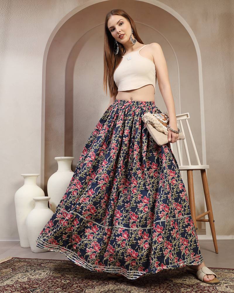 Blue floral printed cotton flared maxi skirt for women
