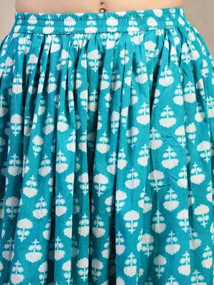 Sky-blue floral printed cotton flared maxi skirt for women 4