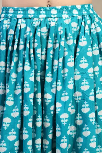 Sky-blue floral printed cotton flared maxi skirt for women