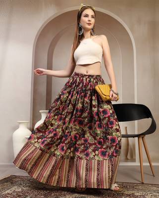 Wine floral printed cotton flared maxi skirt for women 5