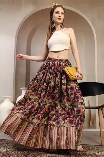 Wine floral printed cotton flared maxi skirt for women