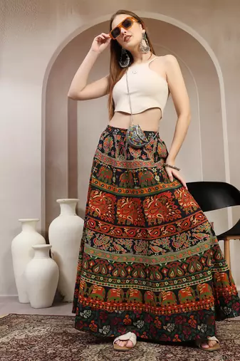 Green floral printed cotton flared maxi skirt for women