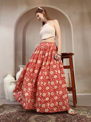 Red floral printed cotton flared maxi skirt for women 5