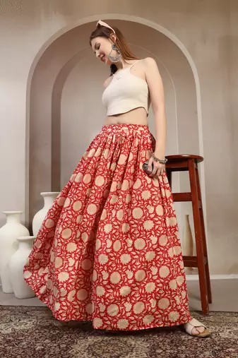 Red floral printed cotton flared maxi skirt for women