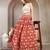 Red floral printed cotton flared maxi skirt for women