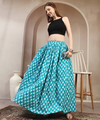 Sky-blue floral printed cotton flared maxi skirt for women 5