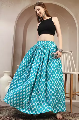 Sky-blue floral printed cotton flared maxi skirt for women