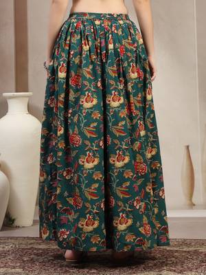 Green floral printed cotton flared maxi skirt for women 3