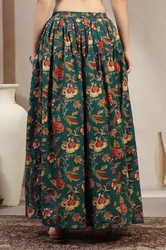 Green floral printed cotton flared maxi skirt for women