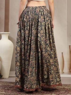 Green floral printed cotton flared maxi skirt for women 3