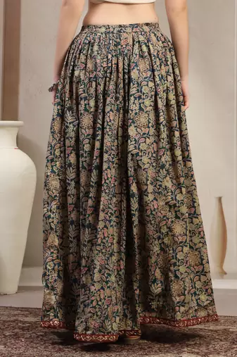 Green floral printed cotton flared maxi skirt for women