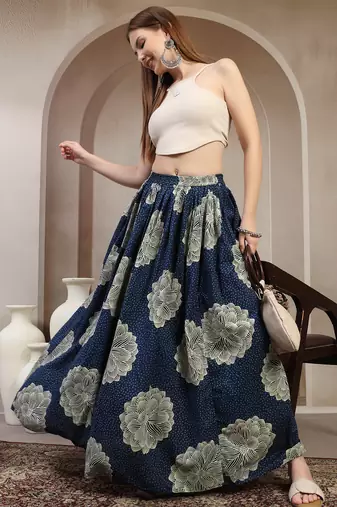 Blue floral printed cotton flared maxi skirt for women