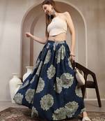Blue floral printed cotton flared maxi skirt for women