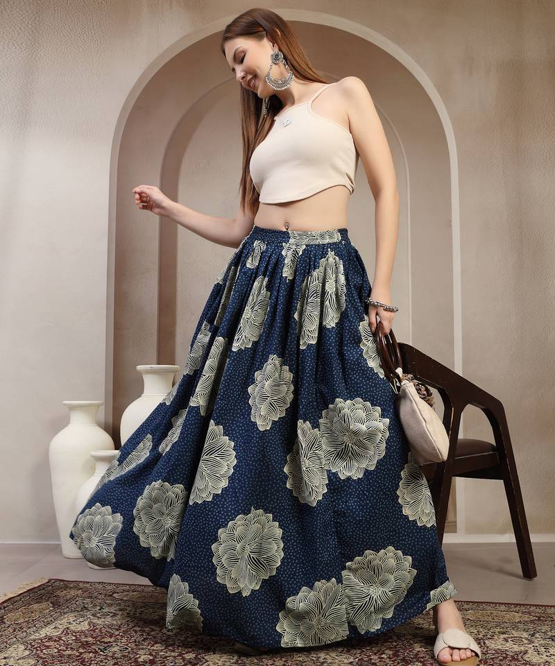 Blue floral printed cotton flared maxi skirt for women