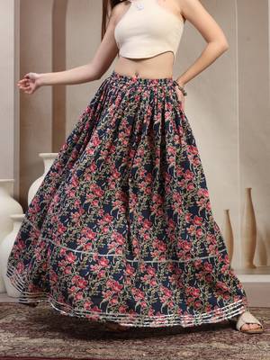 Blue floral printed cotton flared maxi skirt for women 2