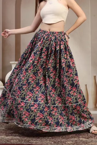 Blue floral printed cotton flared maxi skirt for women