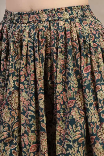 Green floral printed cotton flared maxi skirt for women