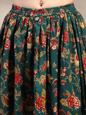 Green floral printed cotton flared maxi skirt for women 4
