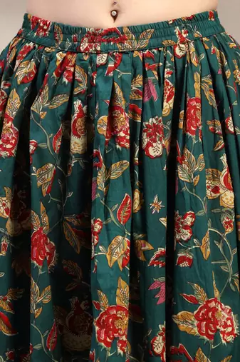 Green floral printed cotton flared maxi skirt for women