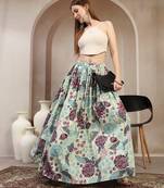 Green floral printed cotton flared maxi skirt for women