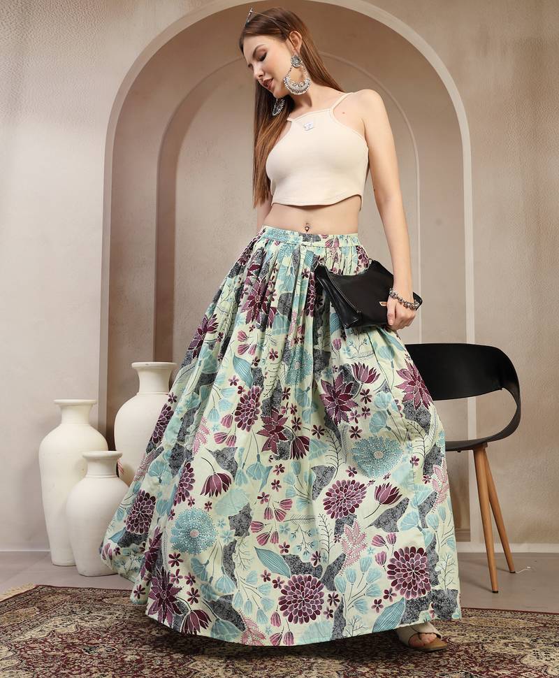 Green floral printed cotton flared maxi skirt for women