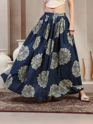 Blue floral printed cotton flared maxi skirt for women 2